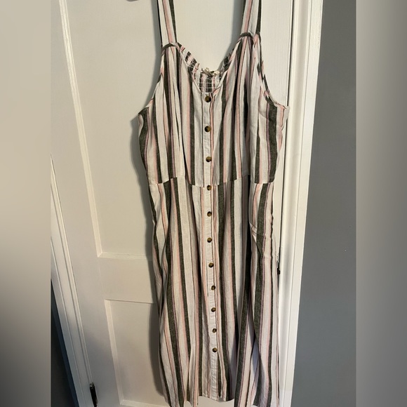 Women’s Flare Sun Dress pink white and grey striped. Bottom down front, pockets - Picture 1 of 5